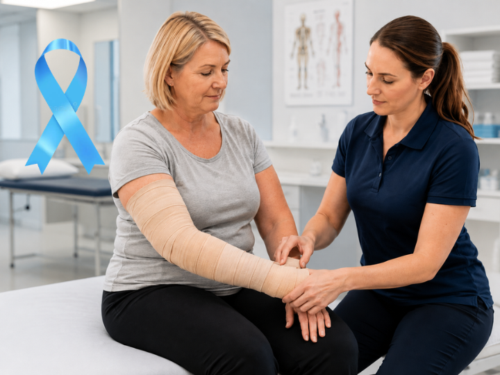 Lymphedema therapist applying compression bandaging to a patient's arm in a modern medical clinic.