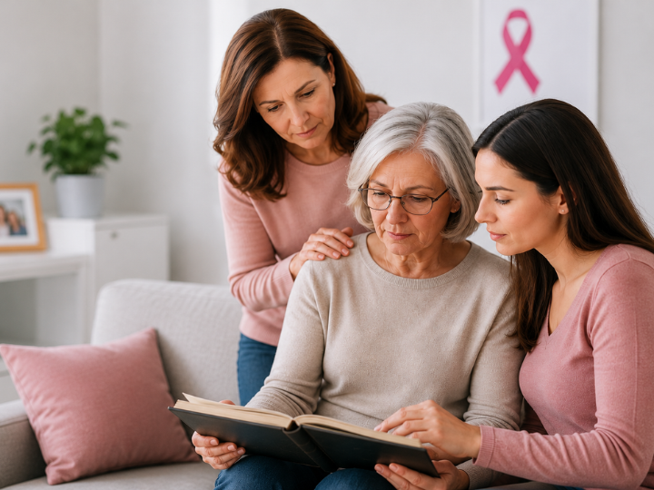 Doctor explaining breast cancer risk factors and family medical history to a woman during a breast health awareness consultation.