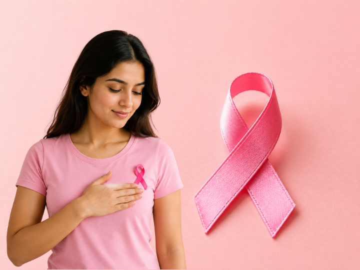 Pink breast cancer awareness ribbon placed on a soft pink background, symbolizing hope, strength, recovery, and support for breast cancer survivors.
